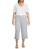 Westbound Plus Size Blue White Stripe Crop Linen Blend Pants