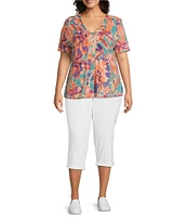 Westbound Plus Size Brushstroke Blossom Floral Short Short V-Neck Top