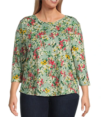Westbound Plus Size Bundle Floral 3/4 Sleeve Knit Crew Neck Top
