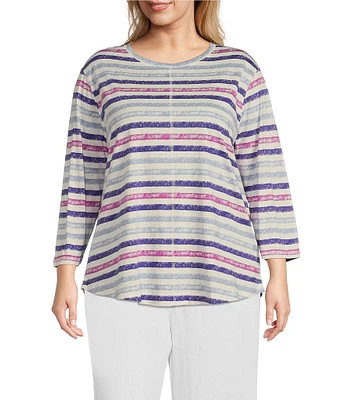 Westbound Plus Size Chalk Stripe 3/4 Sleeve Knit Crew Neck Top