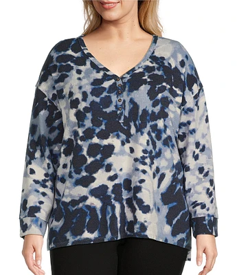 Westbound Plus Size Cloudy Animal Long Sleeve Henley Neck Top