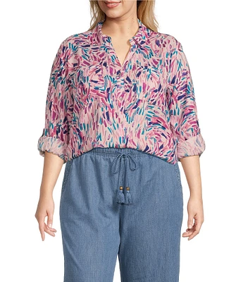 Westbound Plus Size Dancing Daubs 3/4 Roll-Tab Sleeve Point Collar Y-Neck Button Front Shirt