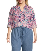 Westbound Plus Size Dancing Daubs 3/4 Roll-Tab Sleeve Point Collar Y-Neck Button Front Shirt