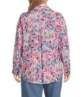 Westbound Plus Size Dancing Daubs 3/4 Roll-Tab Sleeve Point Collar Y-Neck Button Front Shirt