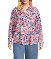 Westbound Plus Size Dancing Daubs 3/4 Roll-Tab Sleeve Point Collar Y-Neck Button Front Shirt