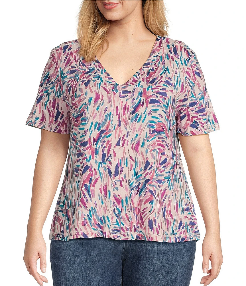 Westbound Plus Size Dancing Daubs Print Short Short V-Neck Top