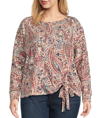 Westbound Plus Size Dancing Paisley Knit Long Sleeve Crew Neck Ruched Shirt