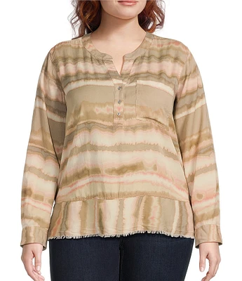 Westbound Plus Size Diffused Stripe Woven 3/4 Roll-Tab Sleeve Henley Patch Pocket Top