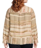 Westbound Plus Size Diffused Stripe Woven 3/4 Roll-Tab Sleeve Henley Patch Pocket Top