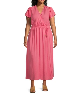 Westbound Plus Size Double Flutter Short Sleeve Faux Wrap Maxi Dress