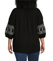 Westbound Plus Size Embroidered 3/4 Sleeve V-Neck Top