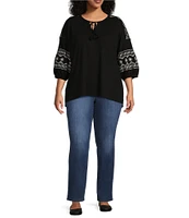 Westbound Plus Size Embroidered 3/4 Sleeve V-Neck Top