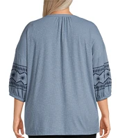 Westbound Plus Size Embroidered 3/4 Sleeve V-Neck Top