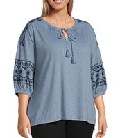 Westbound Plus Size Embroidered 3/4 Sleeve V-Neck Top