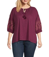 Westbound Plus Size Embroidered 3/4 Sleeve V-Neck Top