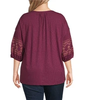 Westbound Plus Size Embroidered 3/4 Sleeve V-Neck Top