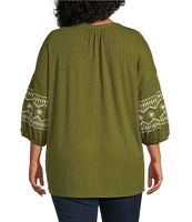 Westbound Plus Size Embroidered 3/4 Sleeve V-Neck Top