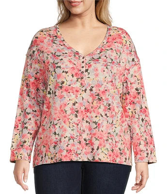 Westbound Plus Size Floral Burst Long Sleeve Henley Neck Top