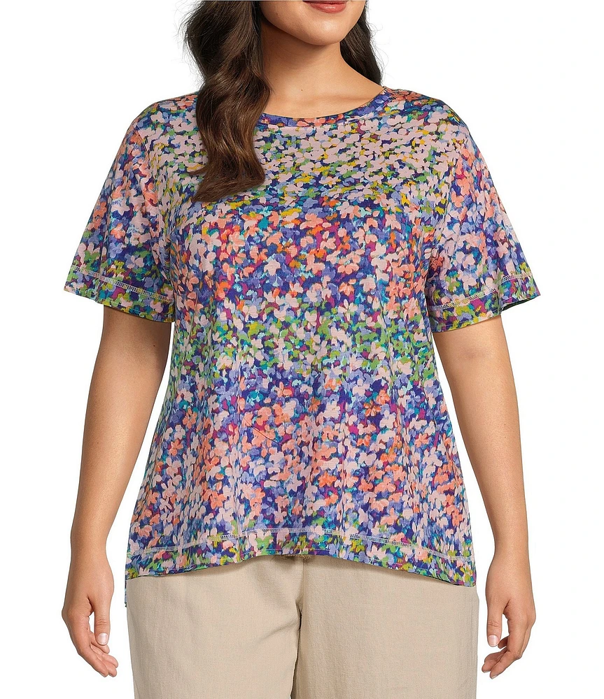Westbound Plus Size Floral Rainbow Short Sleeve Crew Neck Top