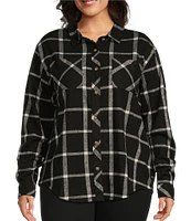 Westbound Plus Size Grid Plaid Long Sleeve Collared Button Front Top