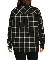 Westbound Plus Size Grid Plaid Long Sleeve Collared Button Front Top