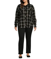 Westbound Plus Size Grid Plaid Long Sleeve Collared Button Front Top