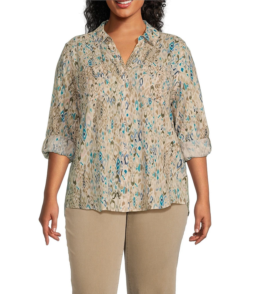 Westbound Plus Size Ikat Animal 3/4 Roll-Tab Sleeve Point Collar Y-Neck Button Front Top