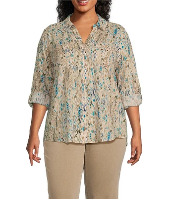 Westbound Plus Size Ikat Animal 3/4 Roll-Tab Sleeve Point Collar Y-Neck Button Front Top