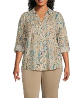 Westbound Plus Size Ikat Animal 3/4 Roll-Tab Sleeve Point Collar Y-Neck Button Front Top