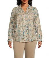 Westbound Plus Size Ikat Animal 3/4 Roll-Tab Sleeve Point Collar Y-Neck Button Front Top