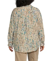 Westbound Plus Size Ikat Animal 3/4 Roll-Tab Sleeve Point Collar Y-Neck Button Front Top