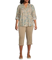 Westbound Plus Size Ikat Animal 3/4 Roll-Tab Sleeve Point Collar Y-Neck Button Front Top