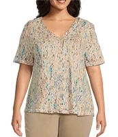 Westbound Plus Size Ikat Animal Short Short V-neck Top
