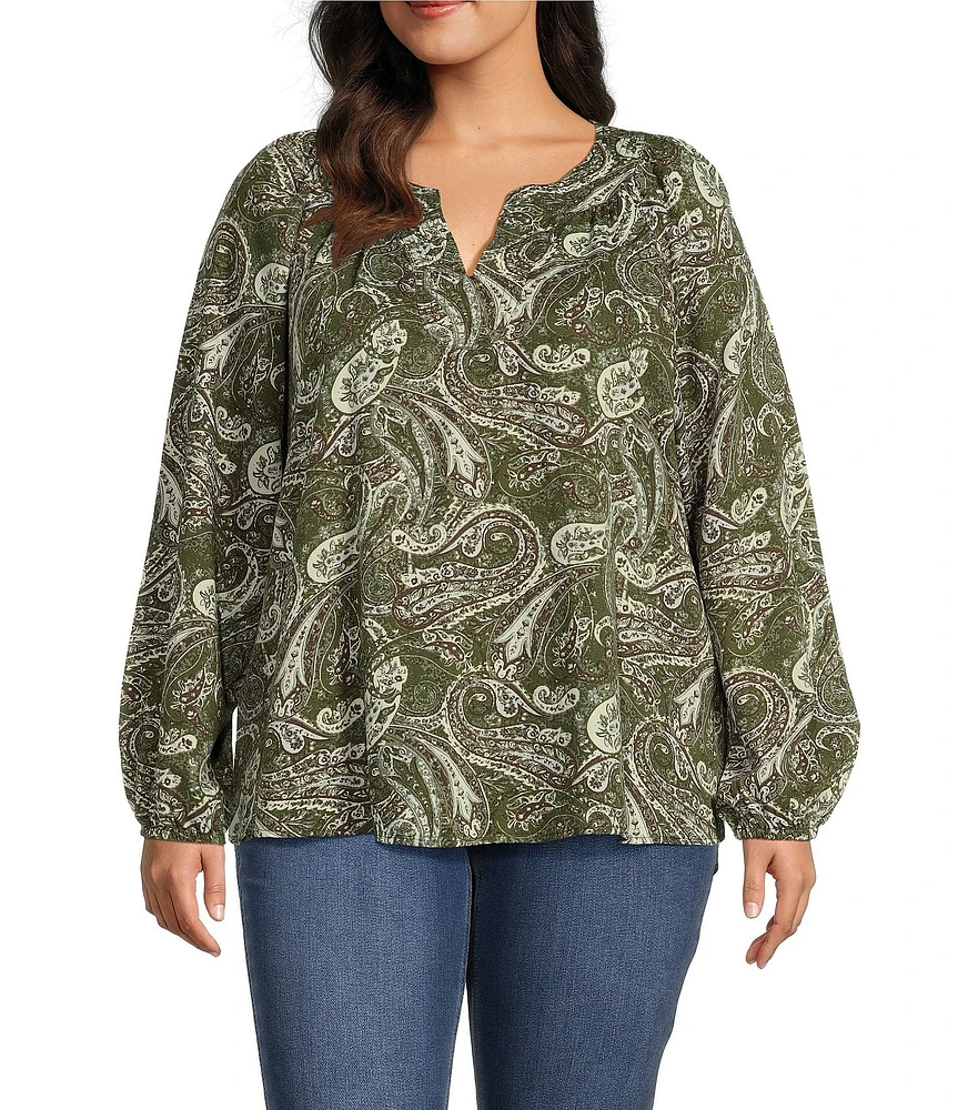 Westbound Plus Size Ivy Arabesq Print Long Sleeve V-Neck Embroidered Top