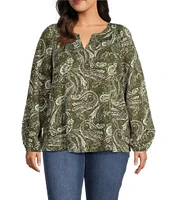 Westbound Plus Size Ivy Arabesq Print Long Sleeve V-Neck Embroidered Top