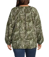 Westbound Plus Size Ivy Arabesq Print Long Sleeve V-Neck Embroidered Top