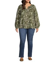 Westbound Plus Size Ivy Arabesq Print Long Sleeve V-Neck Embroidered Top