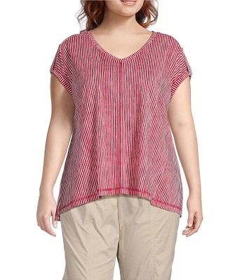 Westbound Plus Size Knit Vertical Stripe Short Sleeve V-Neck Drop Shoulder Top