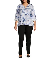 Westbound Plus Size Layered Splatter Woven 3/4 Roll-Tab Sleeve Henley Patch Pocket Top