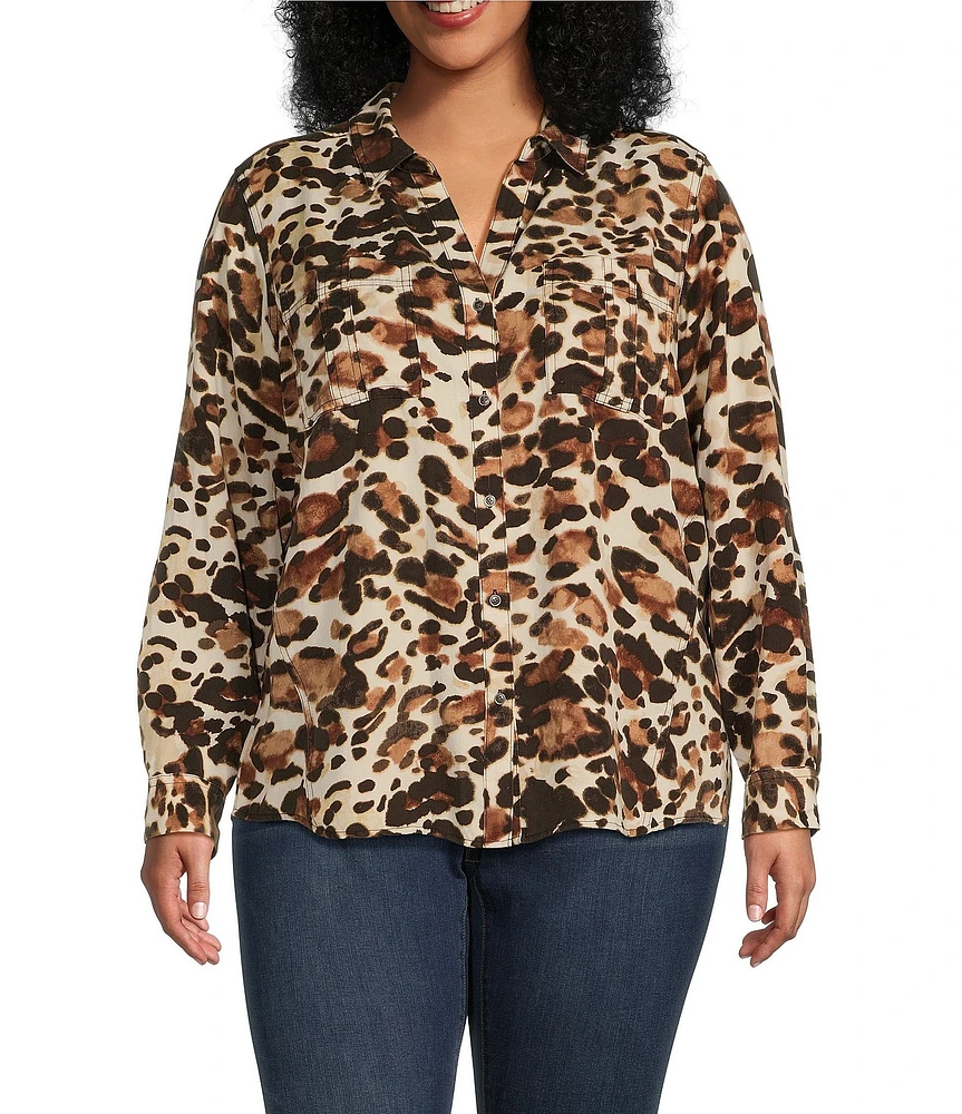 Westbound Plus Size Leopard Print Woven Long Roll-Tab Sleeve Point Collar Y-Neck Button Front Shirt