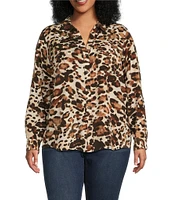 Westbound Plus Size Leopard Print Woven Long Roll-Tab Sleeve Point Collar Y-Neck Button Front Shirt