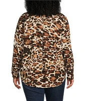 Westbound Plus Size Leopard Print Woven Long Roll-Tab Sleeve Point Collar Y-Neck Button Front Shirt