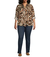 Westbound Plus Size Leopard Print Woven Long Roll-Tab Sleeve Point Collar Y-Neck Button Front Shirt