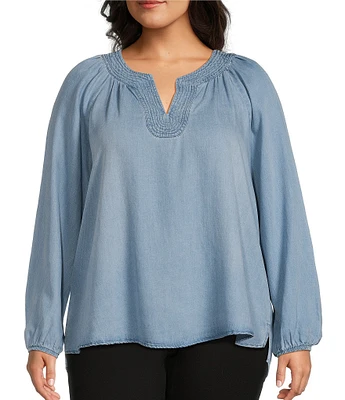 Westbound Plus Size Long Sleeve V-Neck Embroidered Top