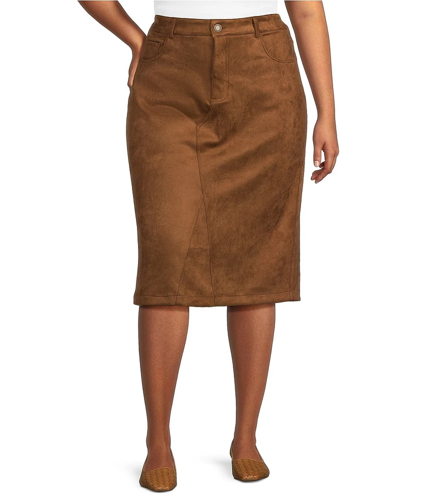 Westbound Plus Size Mid Rise 5 Pocket Suede Midi Skirt