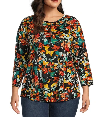 Westbound Plus Size Midnight Abstract Floral Print 3/4 Sleeve Knit Crew Neck Top