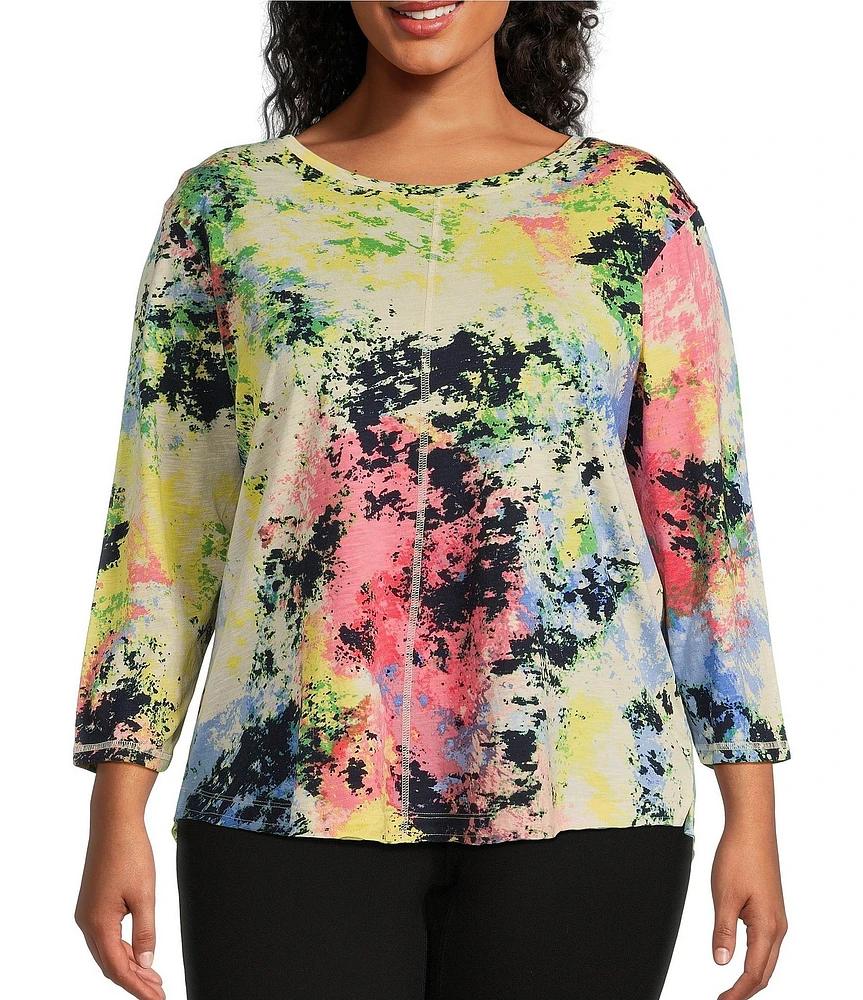 Westbound Plus Size Multi Splatter Print 3/4 Sleeve Knit Crew Neck Top