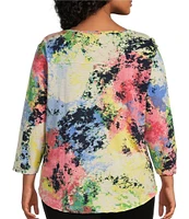 Westbound Plus Size Multi Splatter Print 3/4 Sleeve Knit Crew Neck Top