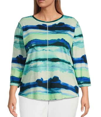 Westbound Plus Size Ocean Stripe 3/4 Sleeve Knit Crew Neck Top
