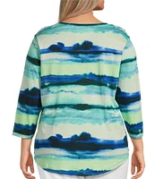 Westbound Plus Size Ocean Stripe 3/4 Sleeve Knit Crew Neck Top